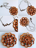 Collier Pendentif "MANDALA" : Coton Crocheté Marron & Perles d'Art (32 cm)