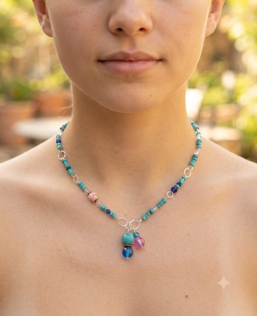 Collier long "Chemin Bleu" perles turquoise, cristal et breloques
