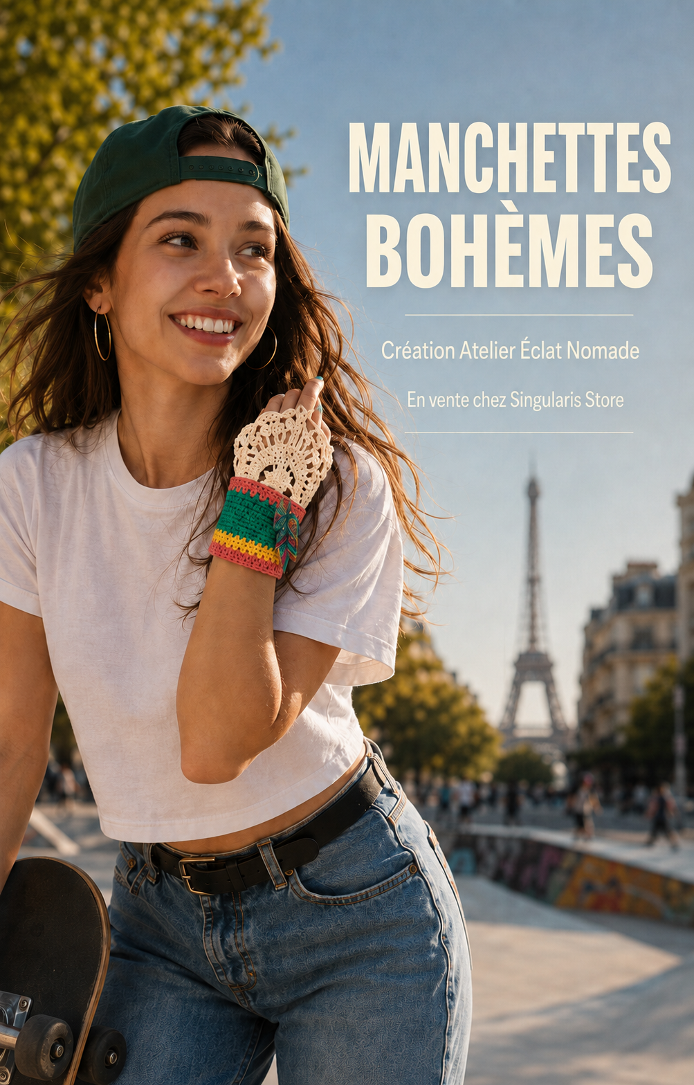 Manchettes bohèmes au crochet – Poignets dentelle et boutons plumes, Accessoire ethnique & coloré