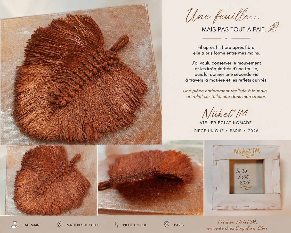 Feuille Macramé & Cuivre sur Tableau Peint