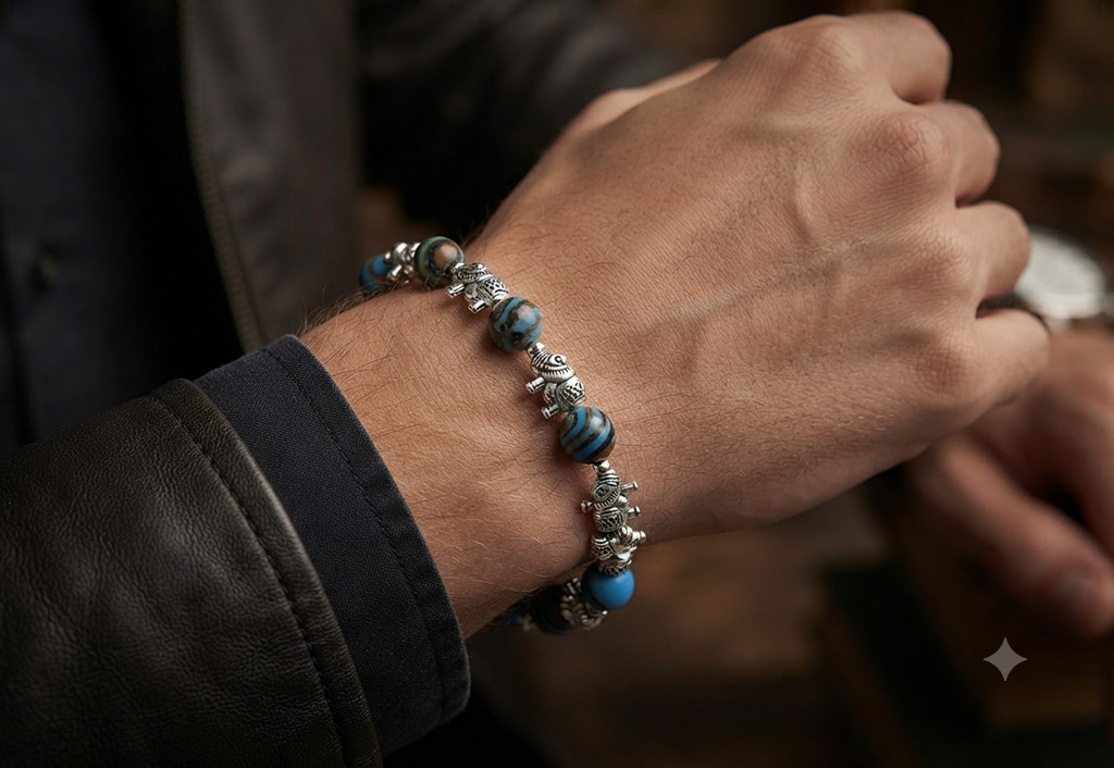 Bracelet artisanal Jaspe Zébré & Turquoise – Design Éléphant Mixte