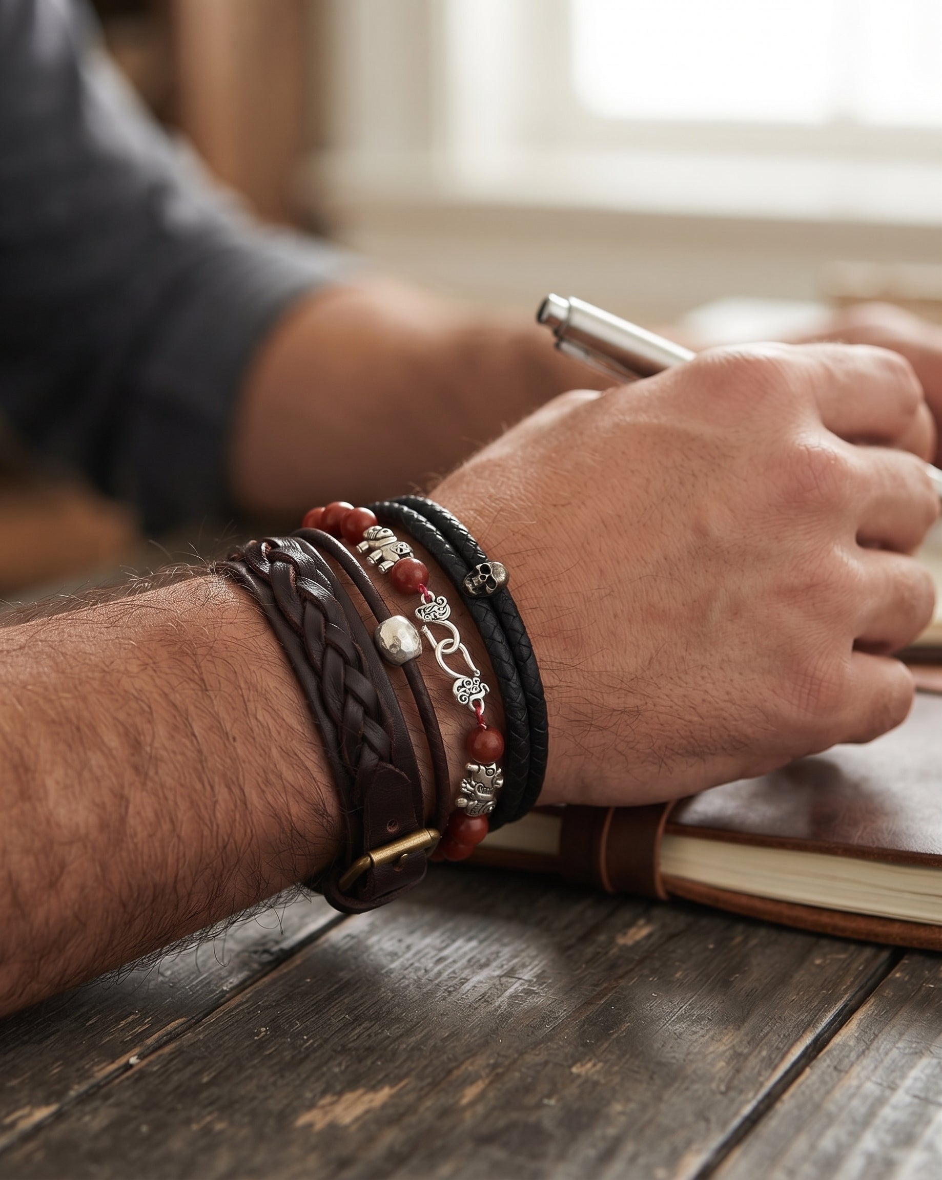Bracelet en Jaspe Rouge "Gardien des Mémoires" et Éléphants d'Argent