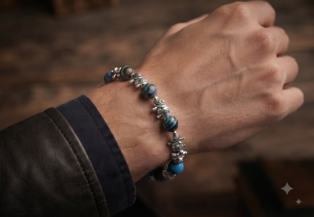 Bracelet artisanal Jaspe Zébré & Turquoise – Design Éléphant Mixte