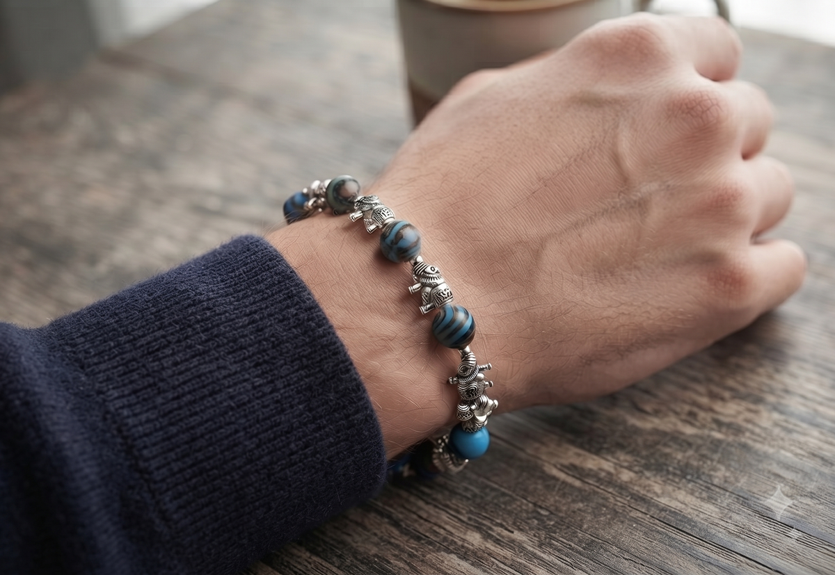 Bracelet artisanal Jaspe Zébré & Turquoise – Design Éléphant Mixte