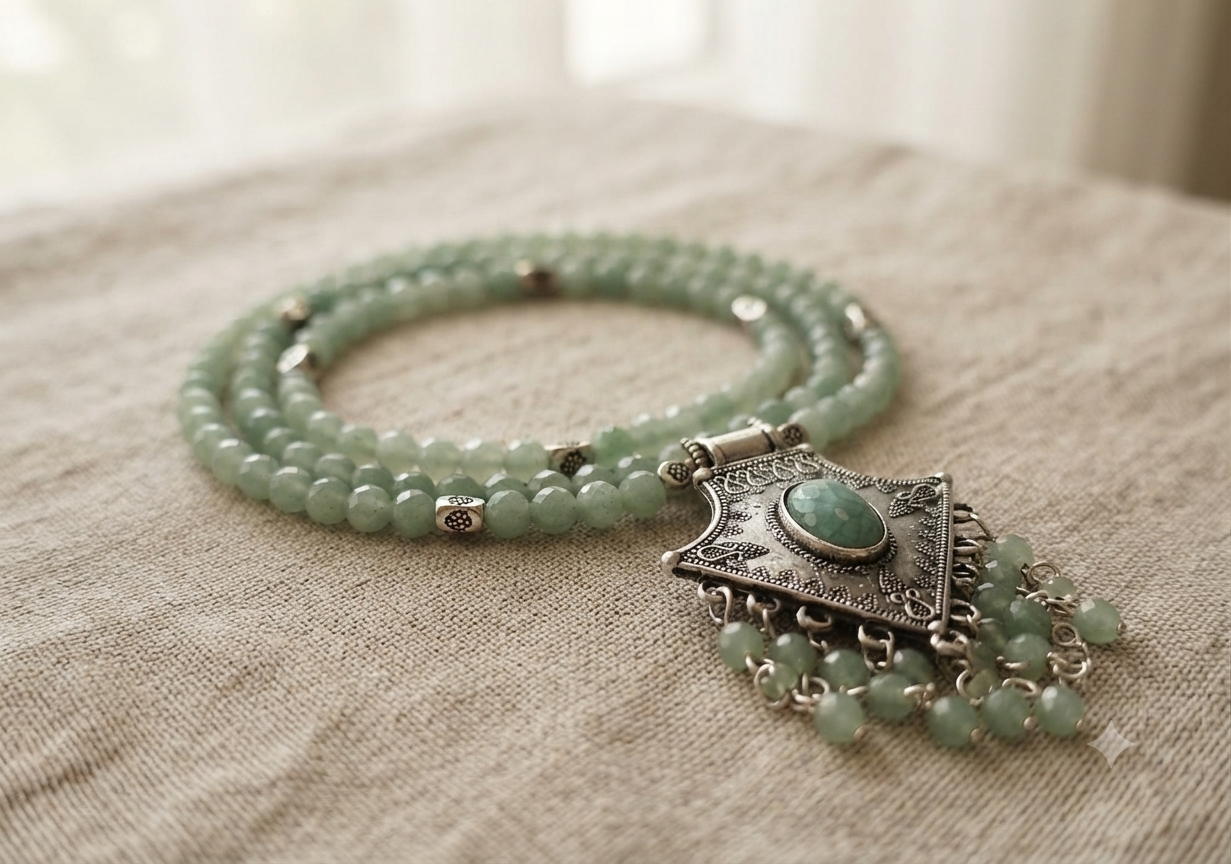 Collier Artisanal en Aventurine Verte et Pendentif Ethnique - Atelier Éclat Nomade