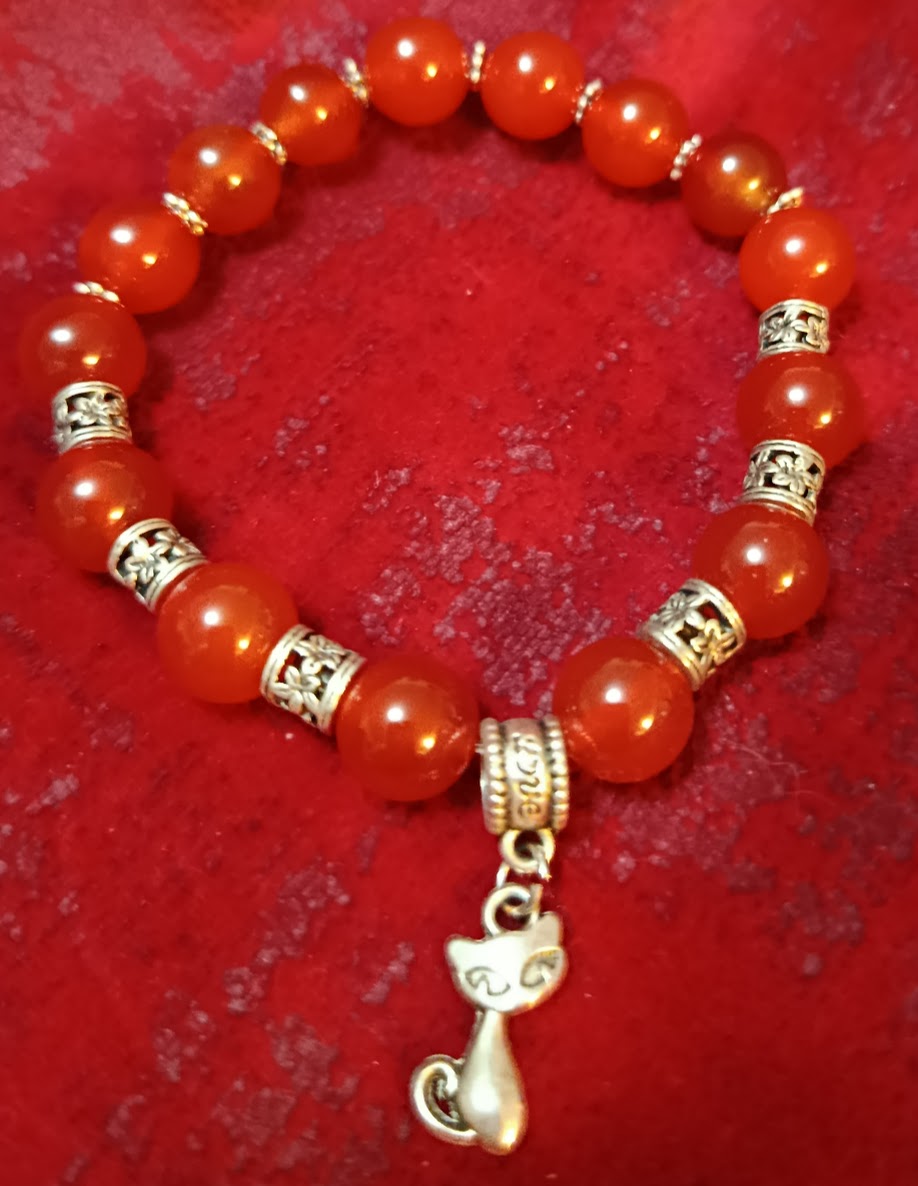 Bracelet Cornaline & Breloque Chat – "Félin Love"