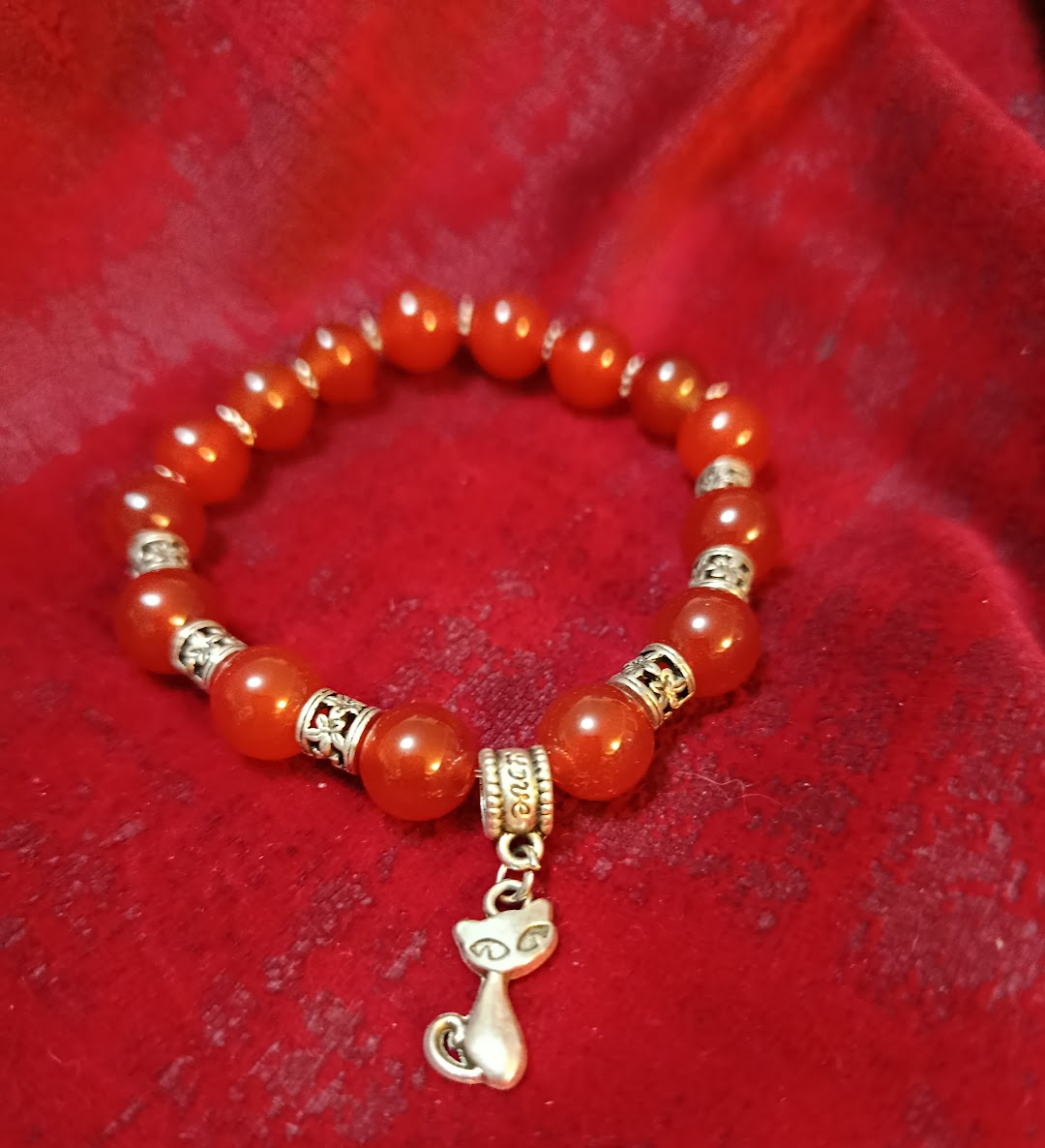 Bracelet Cornaline & Breloque Chat – "Félin Love"