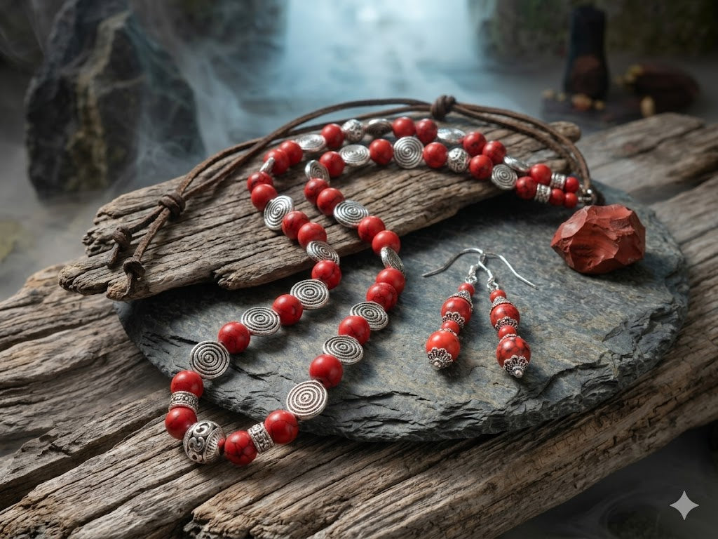 Parure howlite teintée rouge – Collier & Boucles d'oreilles