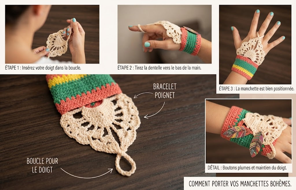 Manchettes bohèmes au crochet – Poignets dentelle et boutons plumes, Accessoire ethnique & coloré