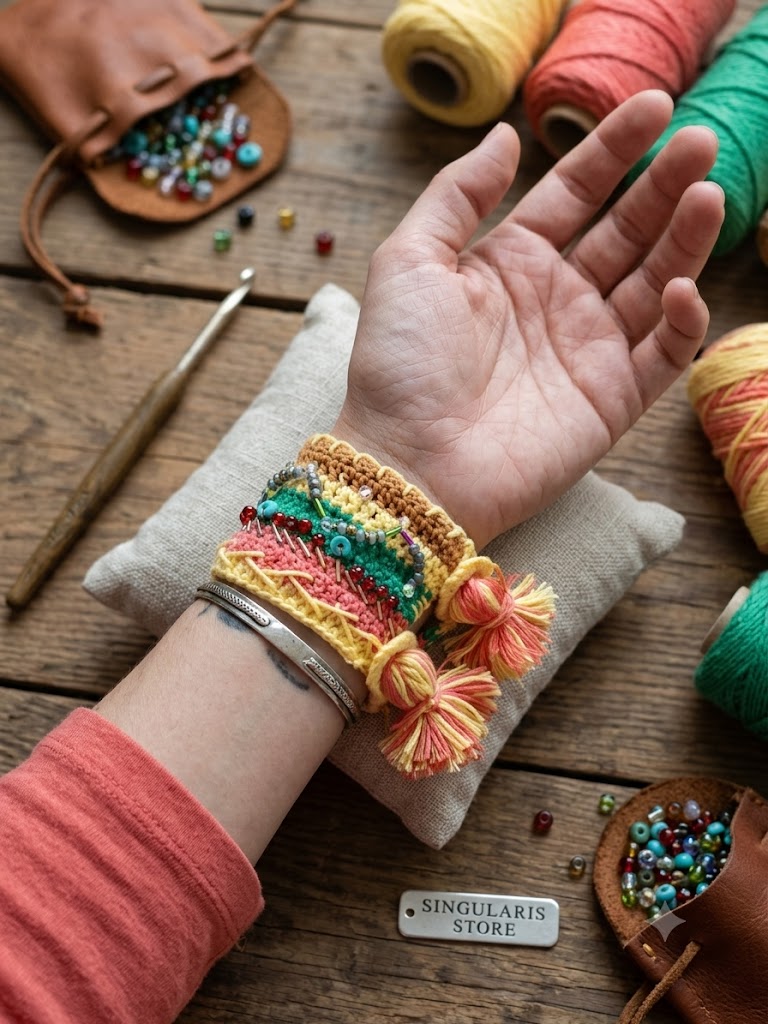 Bracelet manchette bohème "Solaire" crocheté et perlé