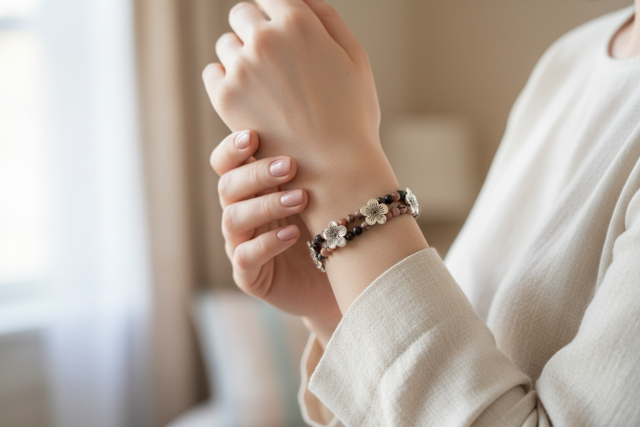 Bracelet Artisanal "Jardin de Printemps" en Rhodonite et Fleurs d'Argent